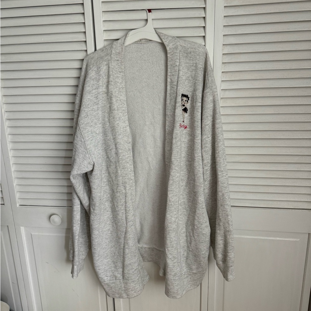Gray Open-Front Cardigan with Embroidered Betty Boop Detail